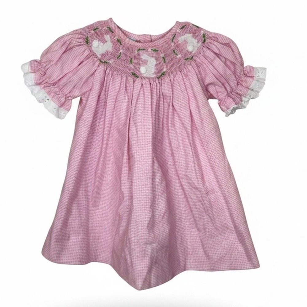 Southern Sunshine Pink Gingham Smocked Bunny Easter Dress 6M